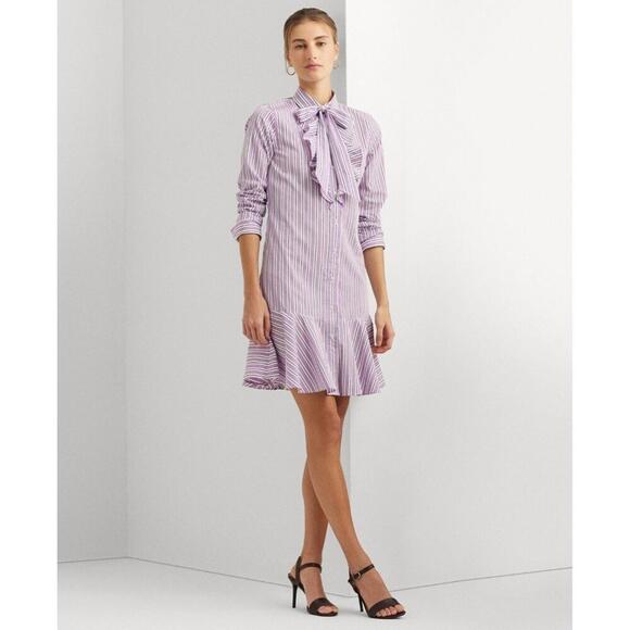Lauren Ralph Lauren Dresses & Skirts - 165$ Lauren Ralph Lauren Striped Broadcloth Tie-Neck Shirtdress Size 4 Purple